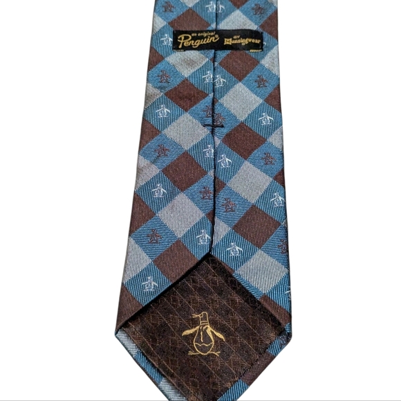 Original Penguin Brown Blue Penguin Silk Narrow Tie Preppy Logo Check - Picture 4 of 6